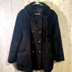 ROAMAN’S Black Faux Fur Double Breasted Fully-Lined Coat Brass Buttons Pockets